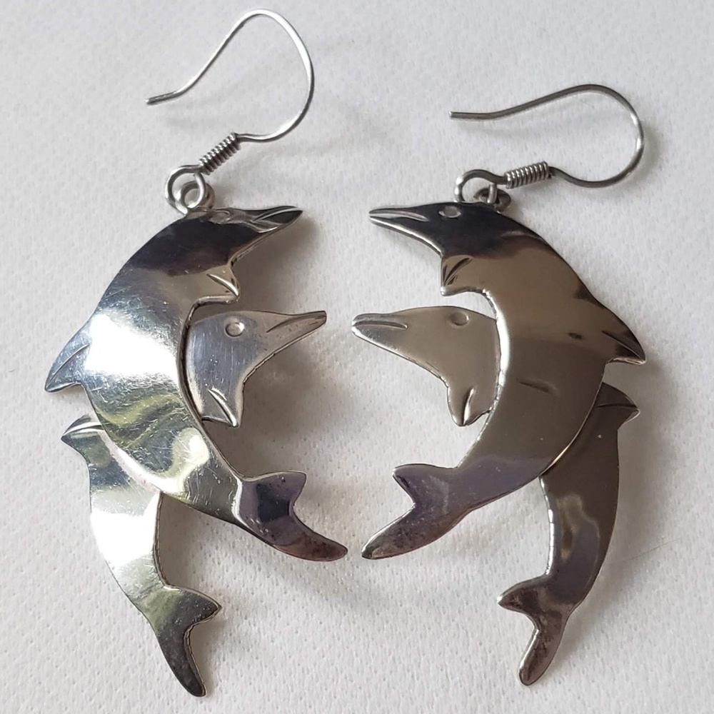Vtg Sterling Taxco TC-259 Dolphins Dangle Earrings